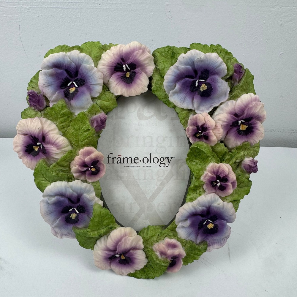 Vintage Frameology 1999 Pansy Floral Oval Picture Frame Purple Green Cottagecore